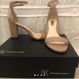 3” INC open toe heels,ankle strap, in Dark Almond